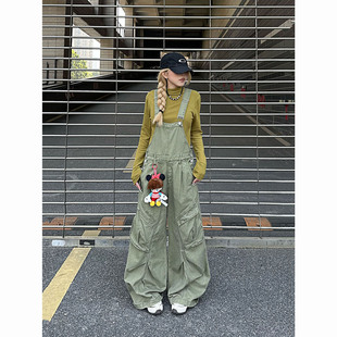 女休闲阔腿街头设计感拖地长裤 NNK 背带裤 复古水洗多口袋工装 美式