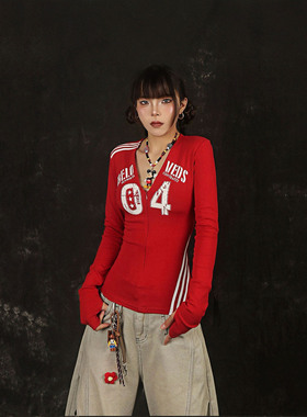 NNK 美式复古红色数字印花球衣长袖正肩V领T恤女修身显瘦上衣潮