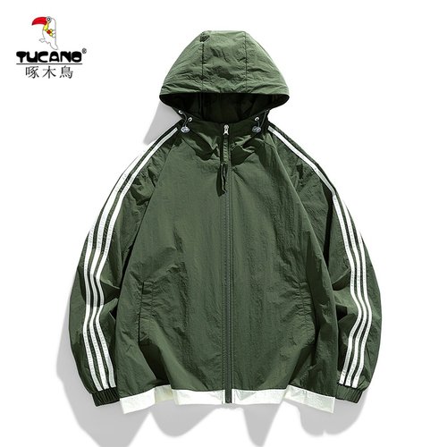 啄木鸟连帽青年风衣皮肤衣条纹休闲运动轻薄外套防晒冰丝速干开衫