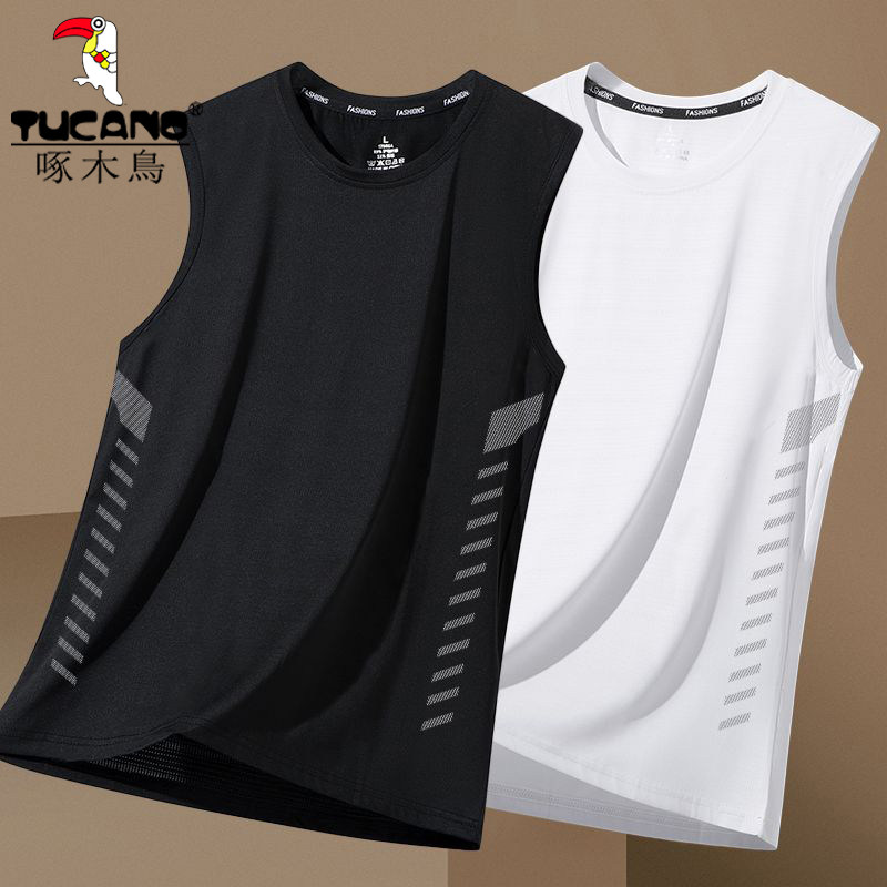 啄木鸟冰丝背心男潮圆领网眼透气速干运动宽坎肩外穿男士无袖短袖