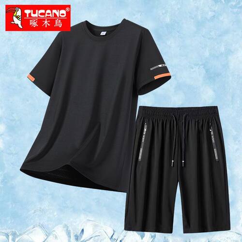 啄木鸟男士冰丝运动套装夏季速干透气短袖男短裤运动服薄款两件套