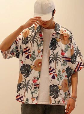 EGEE港风超火碎花短袖衬衫chic宽松休闲沙滩度假夏威夷花五分袖