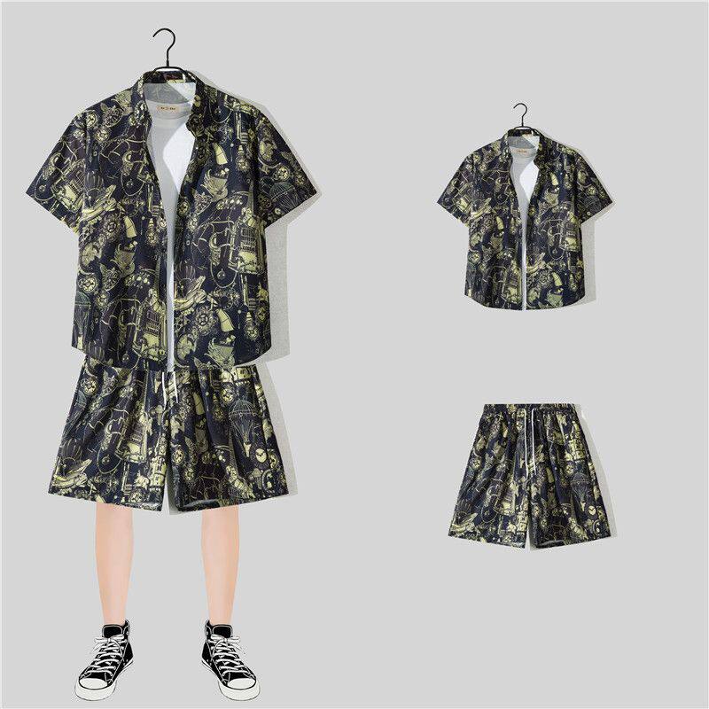 个性涂鸦衬衫男短袖潮牌ins宽松百搭衬衣夏季薄款冰丝青少年上衣