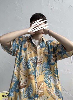 港风ulzzang短袖花衬衫男潮牌ins复古风宽松衬衣沙滩情侣防晒服潮