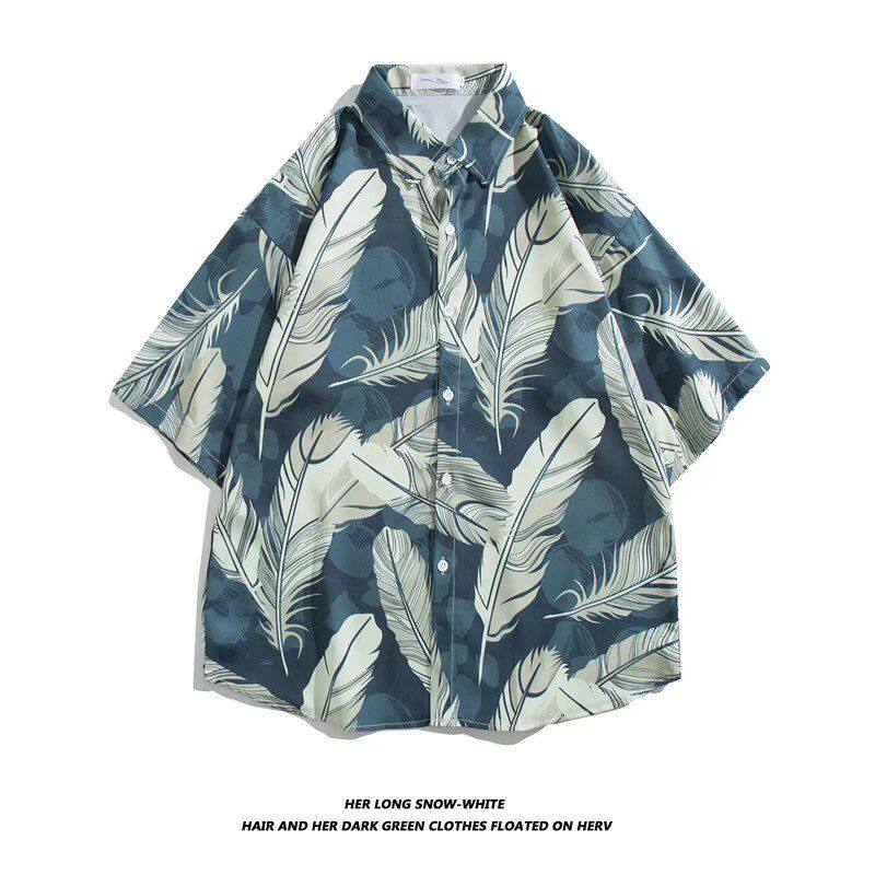 2025欧美复古油画满印短袖衬衫男潮牌街头oversize休闲花衬衣