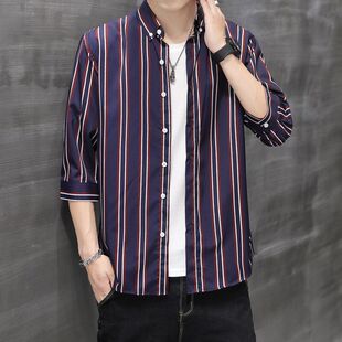 黑白条纹衬衫男长袖修身韩版发型师中袖七分袖短袖衬衣寸商务正装