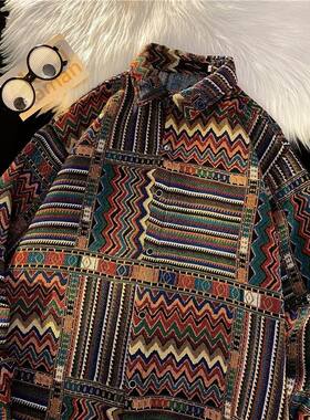 ins复古民族风毛呢绣织夹克男女古着vintage情侣宽松棒球服外套秋