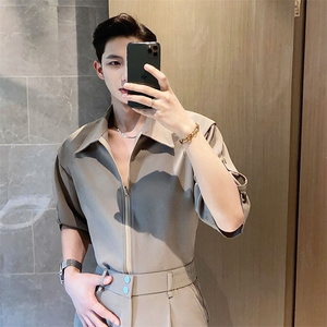 【程Fashion】夏季新款高级感冰丝男短袖衬衫轻熟风百搭痞帅套装