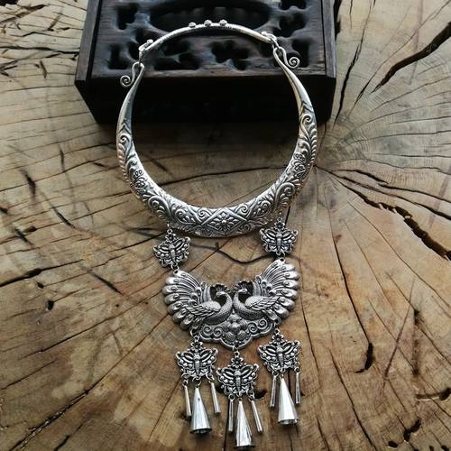 民族风复古孔雀铃铛坠子苗银项圈