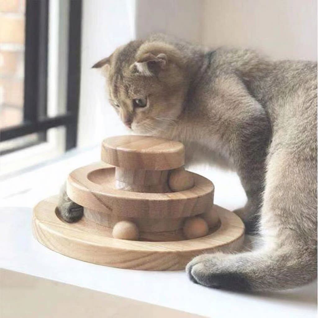 实木猫玩具木质转盘滚动球三层猫