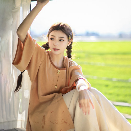 杉水集原创印花汉服苎麻套装