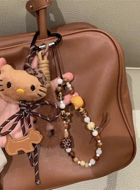 创意串珠挂件少女心手机链挂饰卡通黑皮猫咪可爱小包包挂绳钥匙扣