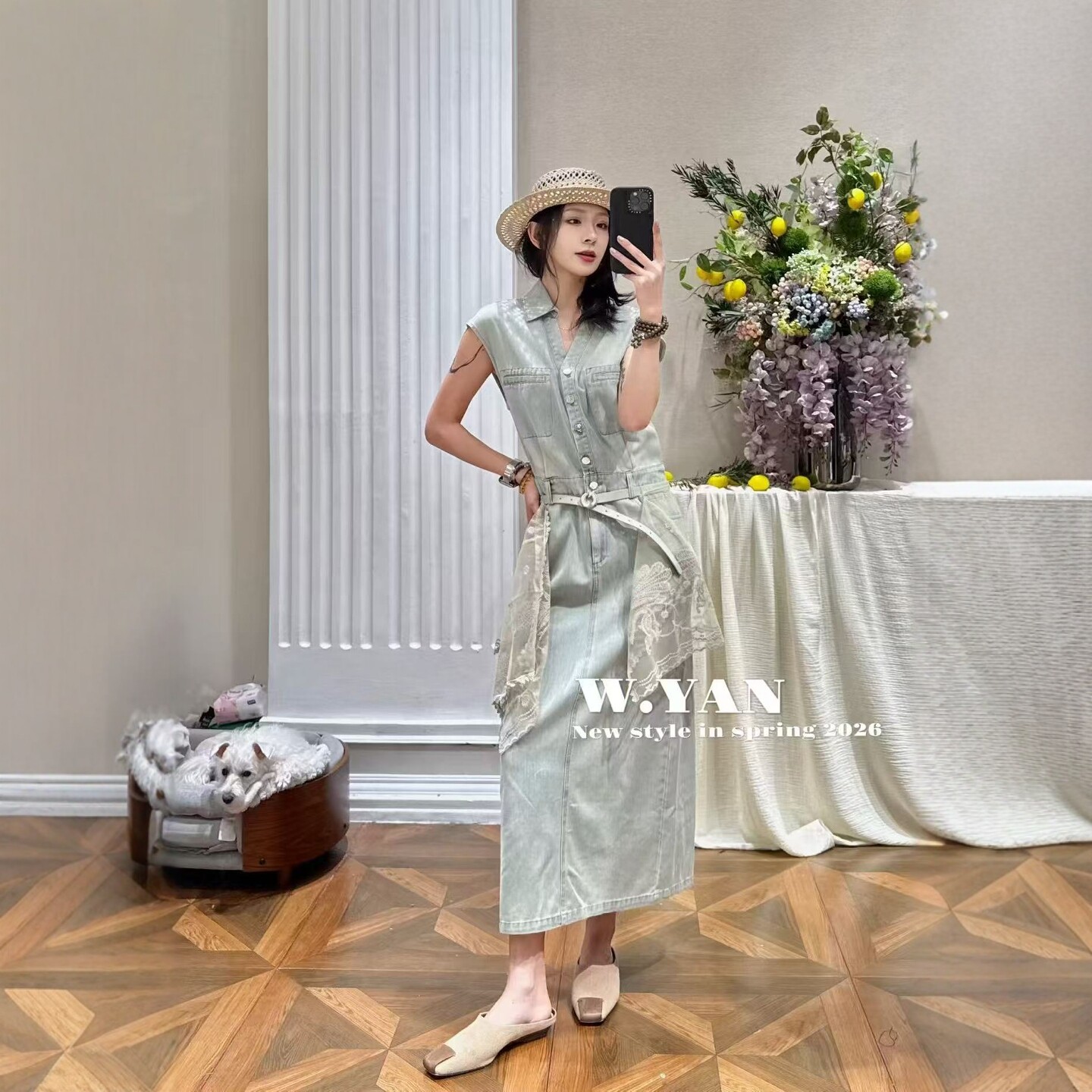 夏翻领无袖蕾丝牛仔连衣裙26515
