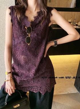 欧洲站2025秋季新款V+.COM无袖蕾丝钩花连衣裙显瘦背心裙女29540