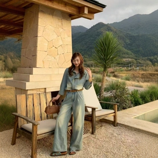 .COM时尚 翻领做旧磨白七分袖 牛仔连体裤 欧洲站2026春季 长裤 新款