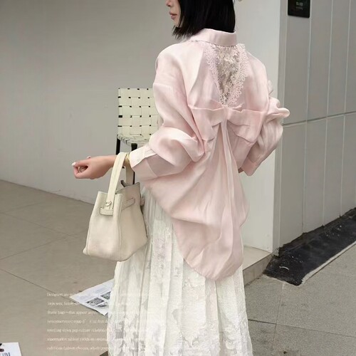 夏季微透后拼蕾丝蝴蝶结长袖衬衫