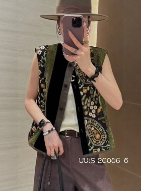 欧洲站2025秋新款V+.COM复古刺绣蕾丝宽松丝绒马甲无袖外套25068