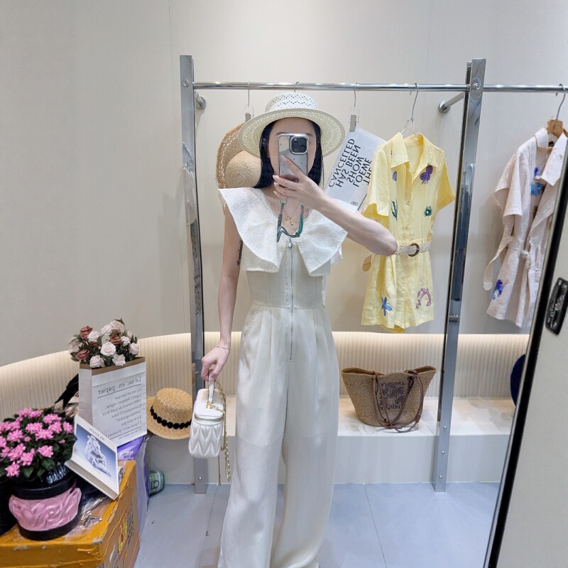 欧洲站2025夏季新款DT.Dang蕾丝拼接荷叶V领无袖牛仔连体裤长裤女
