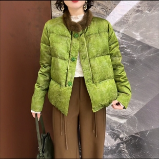 南油欧洲站2025冬季新款水貂毛领中式复古提花面鹅绒羽绒服外套女