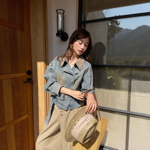 .COM时尚 翻领宽松显瘦气质百搭纯色牛仔外套 新款 欧洲站2026春季