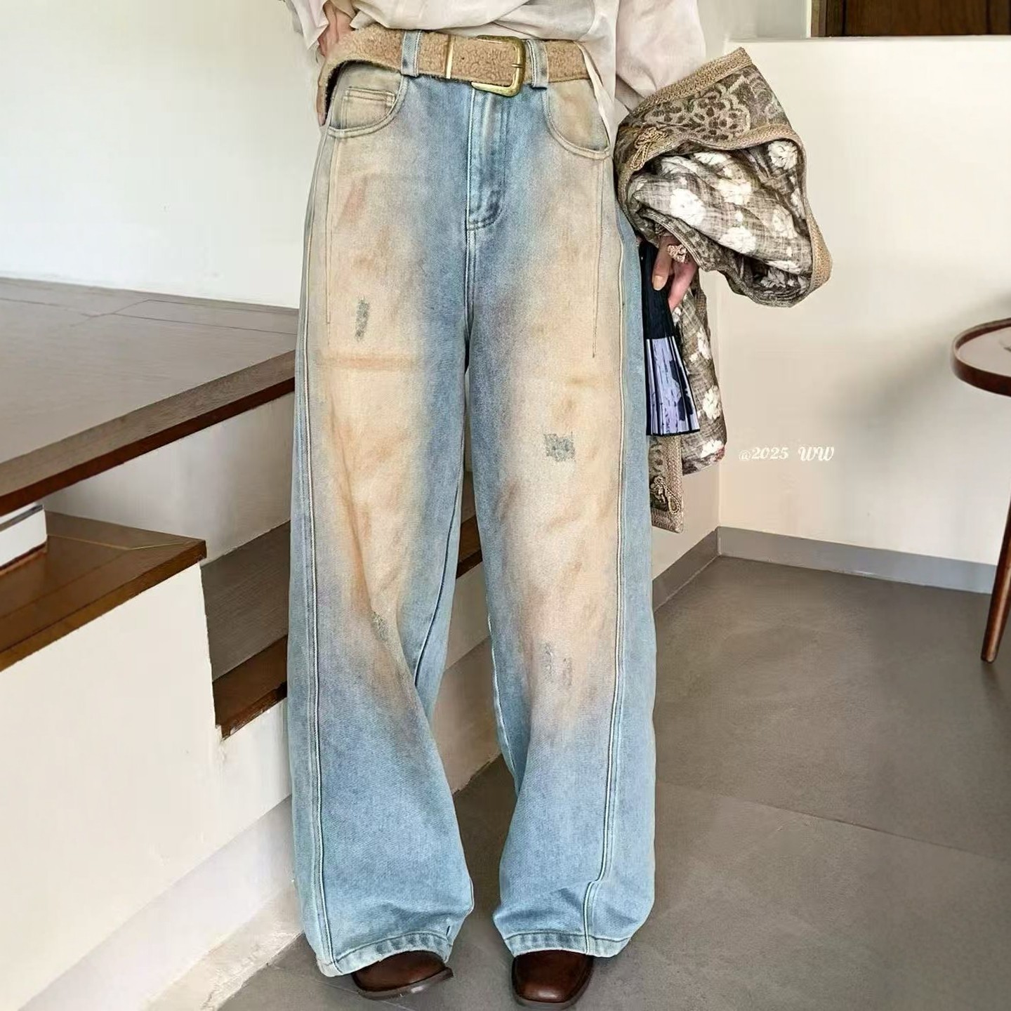 欧洲站2025冬季新款V+.COM复古做旧晕染阔腿宽松磨毛牛仔裤女长裤,女装/女士精品,牛仔裤,淘宝优惠券,粉丝福利购,淘宝优惠卷