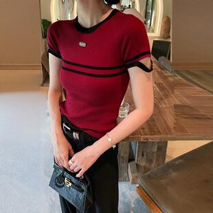 毛针织衫 欧洲站2025春季 .COM撞色圆领钉标条纹短袖 上衣8801 新款