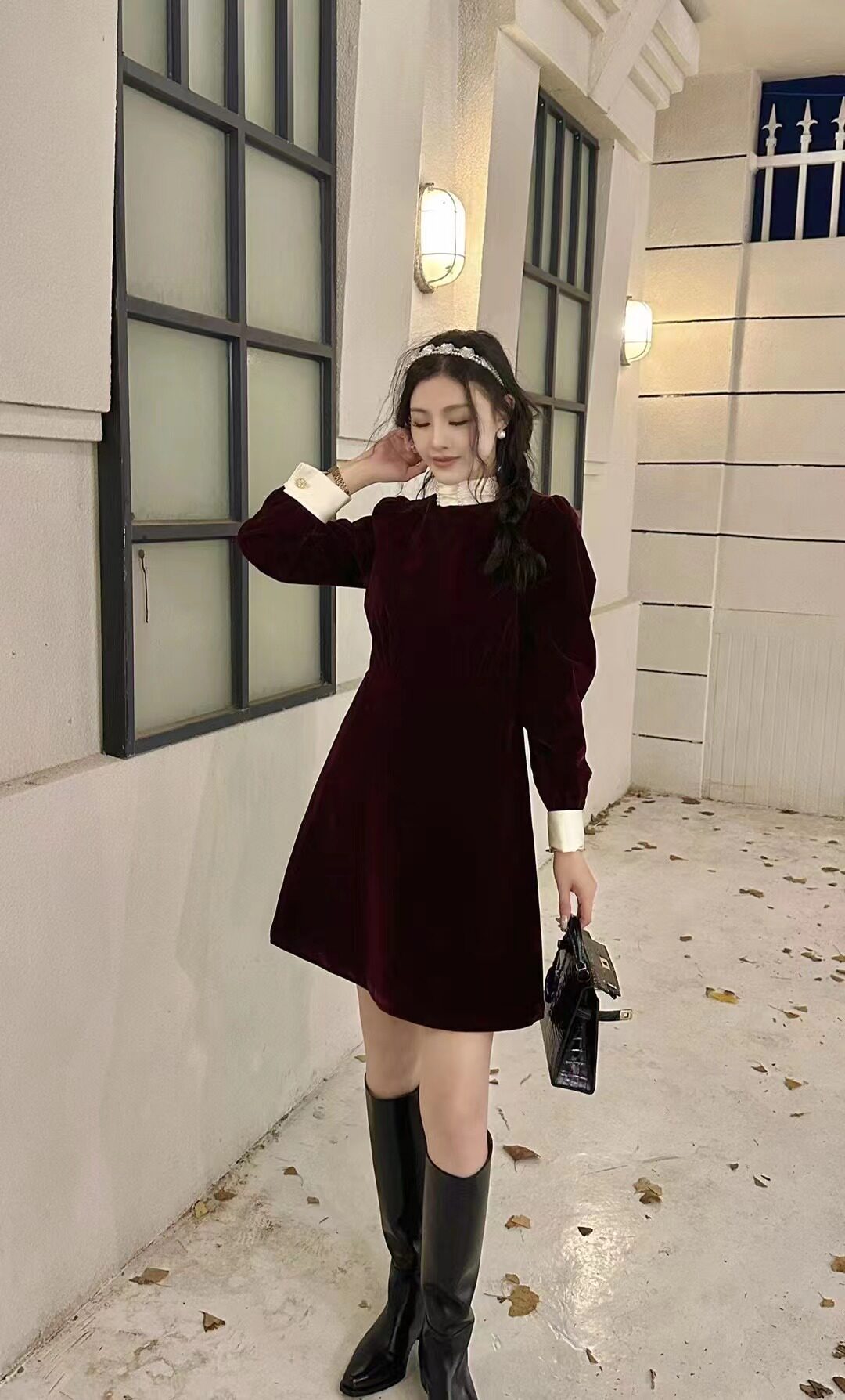 欧美百褶裙丝绒纯色钉珠