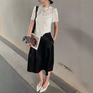 短袖 欧洲站2026夏季 .COM性感半高领水溶花蕾丝修身 T恤上衣 新款