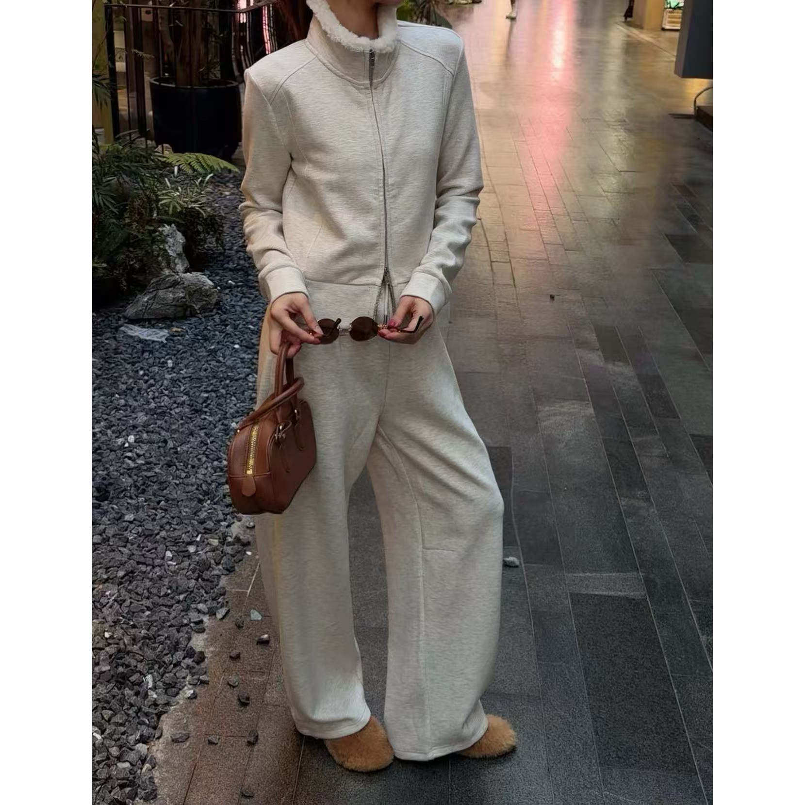 冬季加绒立领拉链卫衣卫裤套装女