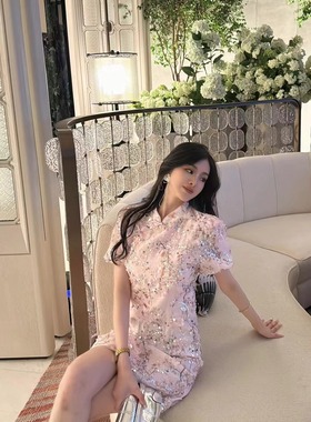 欧洲站2025夏季新款V+.COM中式斜扣亮片显瘦短袖旗袍连衣裙89506