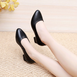 上海登云女鞋真皮职业粗跟单鞋黑色牛皮工作鞋软皮舒适百搭空姐鞋