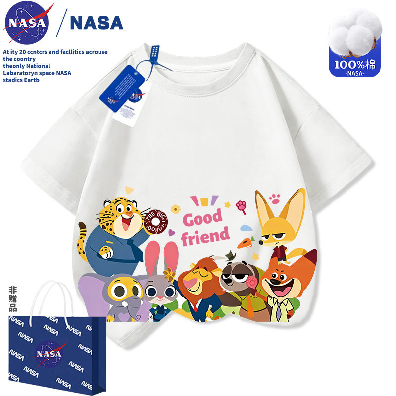 NASA疯狂动物城儿童纯棉短袖T恤夏季款卡通洋气男女童亲子装上衣