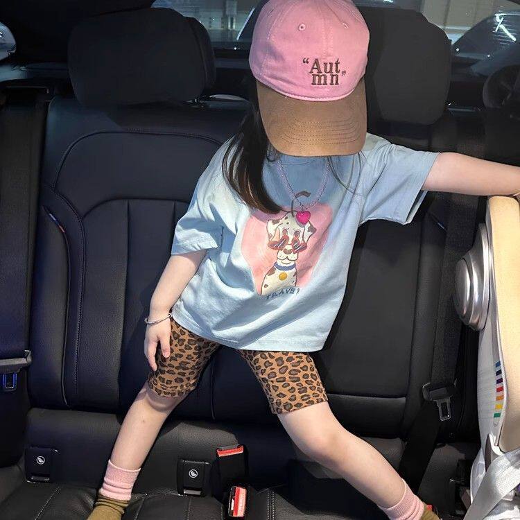 女童套装夏季新款洋气小女孩多巴胺风蓝色T恤豹纹短裤潮t0030A132