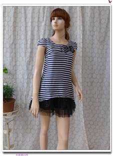 夏季蓝白条纹修身A字假两件黑纱蓬蓬超短裙薄款连衣裙蝴蝶结甜美