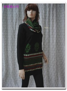 秋冬季套头黑绿拼色圆领带围脖长袖针织衫骷髅织花中长款通勤淑女