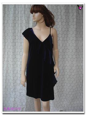 春秋外贸深蓝色金丝绒可调节斜肩荷叶边不规则连衣裙礼服裙