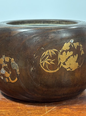 日本桐木铜胆金时绘嵌螺钿火钵，外径29厘米胆内径18厘米，高20