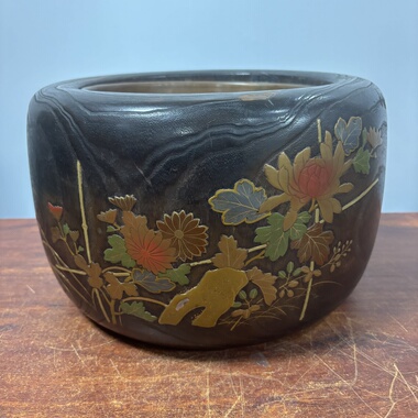 日本桐木铜胆金时绘嵌螺钿火钵，外径33厘米高21厘米，锅内径21