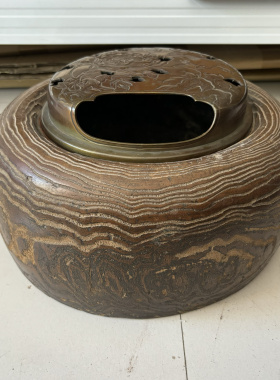 日本老桐木铜胆暖手炉，外径30厘米，铜胆内径18.5高14.盖重823克