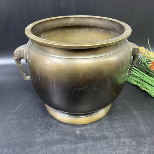 外径26厘米内径20 高23.5厘米 日本素面老铜火钵 重3.35公斤