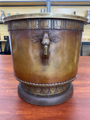 日本大师忠三朗作收藏级图纹铜火钵，重5.35公斤，高24.5厘米