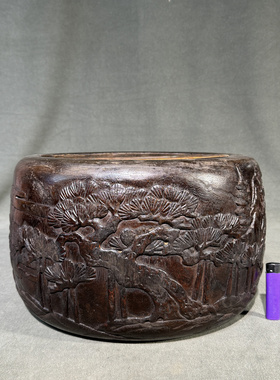 日本老桐木浮雕风景画铜胆火钵，外径37厘米，铜胆内径26高24厘米