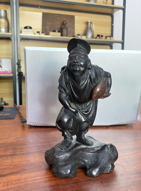 日本铜制松盛款惠比寿雕像，重3.13公斤，高26厘米，老货，包浆厚