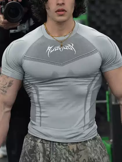 Youngla Sports Short-Sleeve Men's T-Shirt American Style Trendy Quick-Drying Breathable Elastic Compression Shirt Muscle Gym Brothers