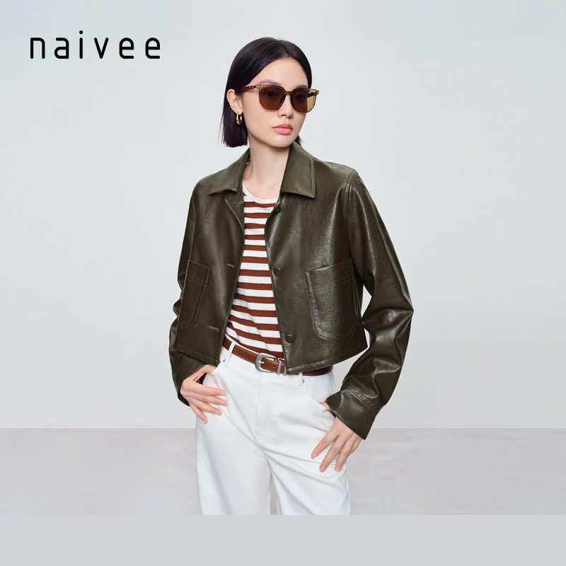 【伽罗绿】naivee纳薇26春新款复古PU短夹克立体箱型皮衣外