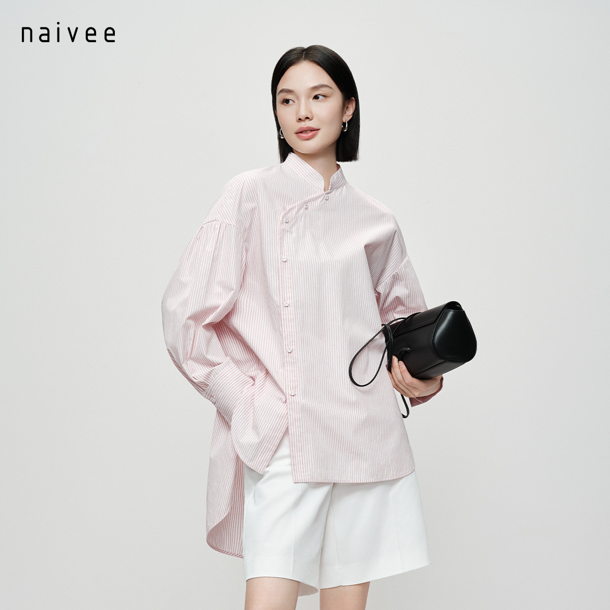 【新中式条纹衬衫】naivee26春新款红白色立领上衣舒适全棉