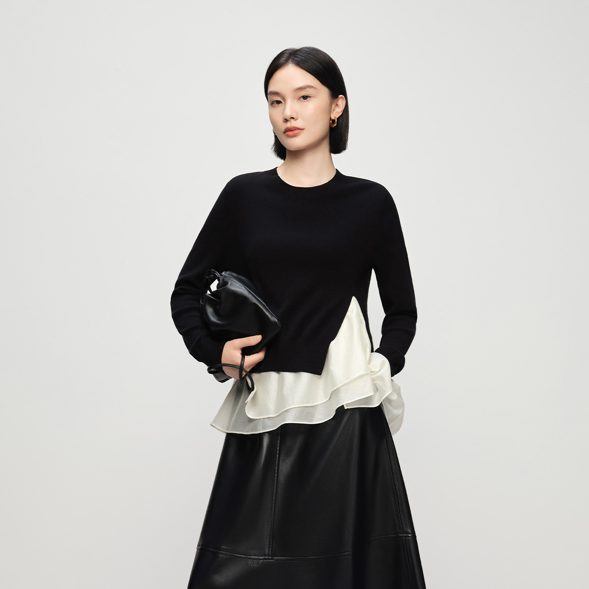 纳薇2025新款无袖优雅荷叶边上衣无袖真两件针织衫女早秋流行穿搭