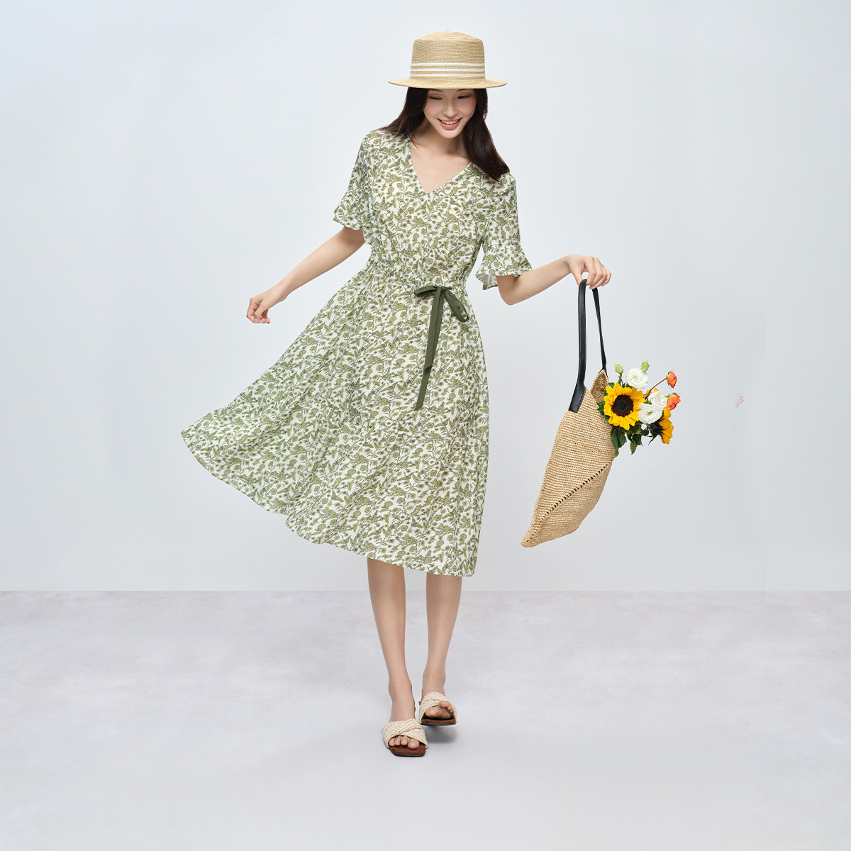 【草木蔓蔓】法式中国风naivee26夏新款花鸟印花系带连衣裙柳