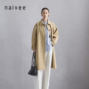naivee纳薇春季新款通勤宽松简约知性中长风衣美拉德上衣外套女