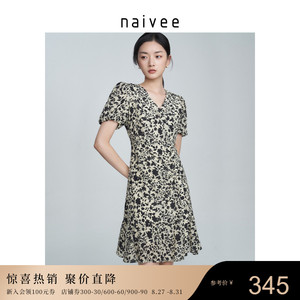 商场同款naivee纳薇23春夏法式复古碎印花V领泡泡袖收腰连衣裙